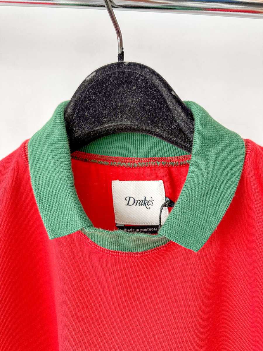 Drake's Red Blue White Green Half Block Stripe Long Sleeve Mock Neck Rugby Shirt - Imagen 4