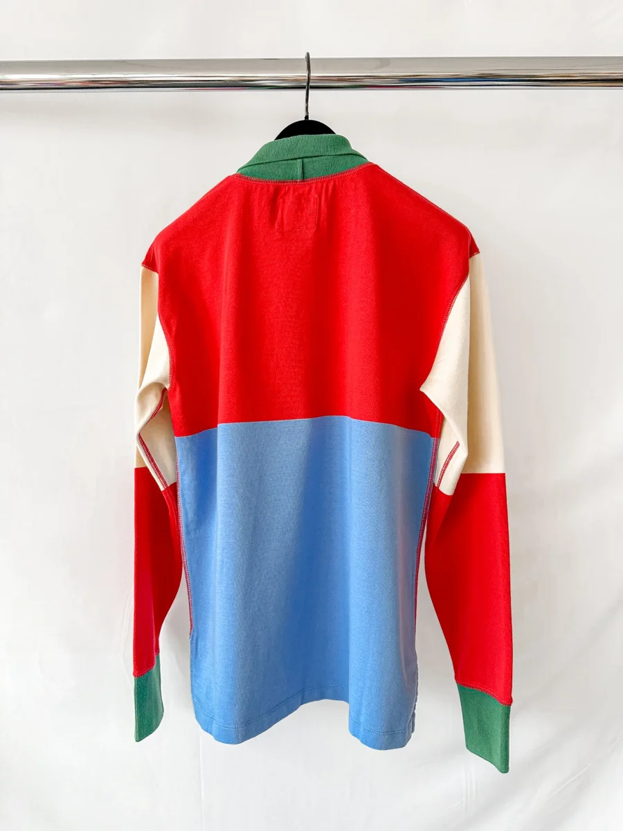 Drake's Red Blue White Green Half Block Stripe Long Sleeve Mock Neck Rugby Shirt - Imagen 5