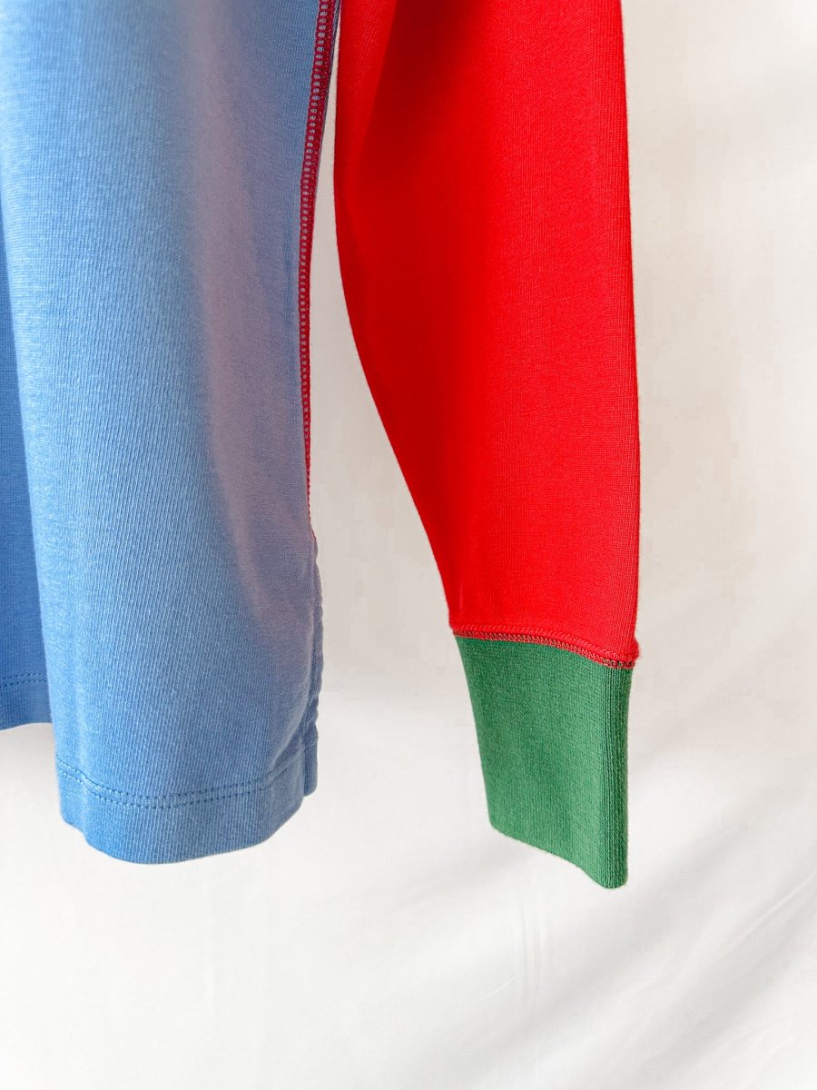 Drake's Red Blue White Green Half Block Stripe Long Sleeve Mock Neck Rugby Shirt - Imagen 6