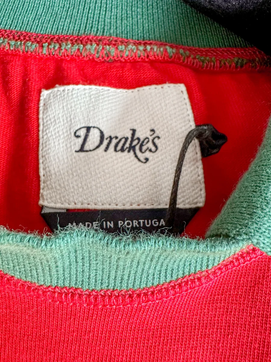 Drake's Red Blue White Green Half Block Stripe Long Sleeve Mock Neck Rugby Shirt - Imagen 7