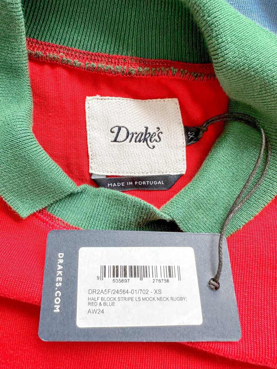 Drake's Red Blue White Green Half Block Stripe Long Sleeve Mock Neck Rugby Shirt - Imagen 8