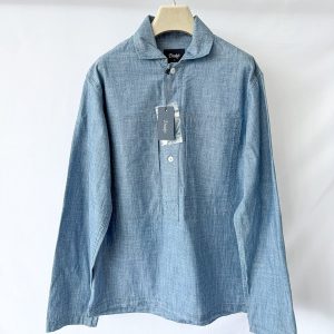Drake's Blue Cotton Chambray Spread Collar Popover Shirt