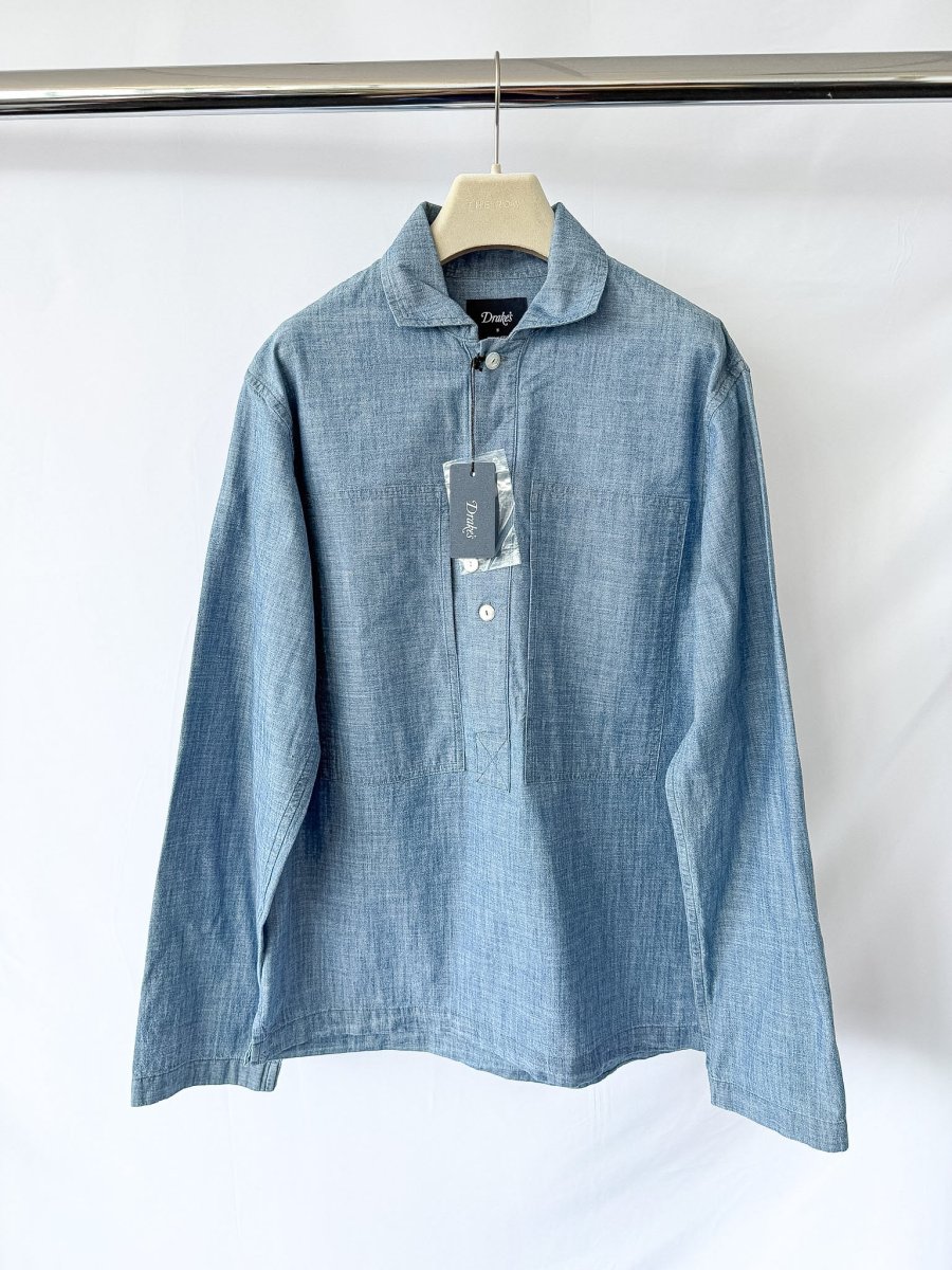 Drake's Blue Cotton Chambray Spread Collar Popover Shirt - Imagen 2