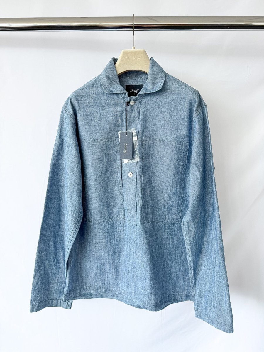 Drake's Blue Cotton Chambray Spread Collar Popover Shirt - Imagen 4
