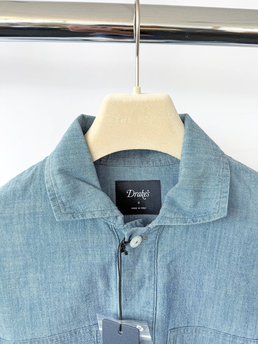 Drake's Blue Cotton Chambray Spread Collar Popover Shirt - Imagen 5