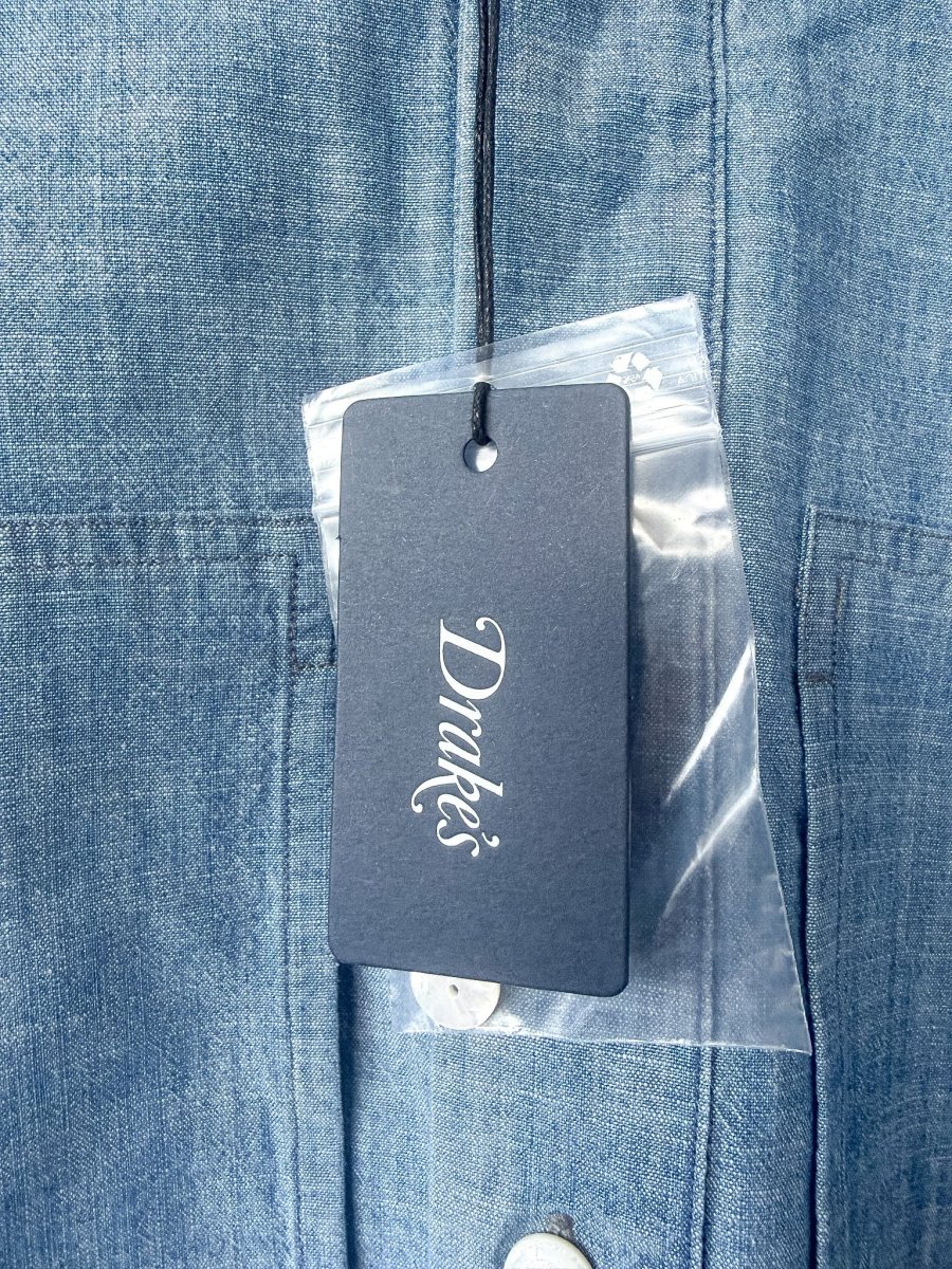 Drake's Blue Cotton Chambray Spread Collar Popover Shirt - Imagen 6