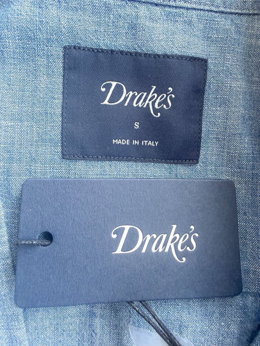Drake's Blue Cotton Chambray Spread Collar Popover Shirt - Imagen 9