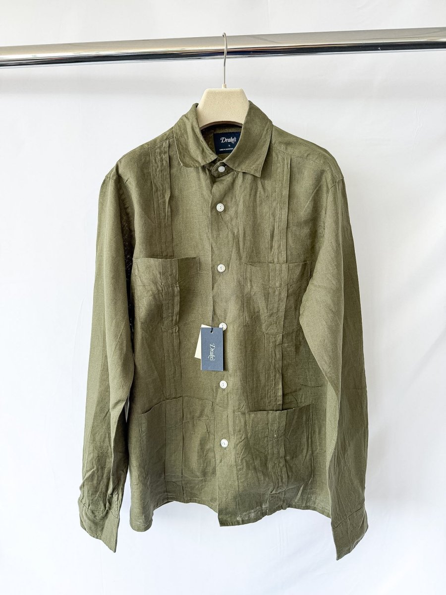 Drake's Olive Green Guayabera Linen Shirt - Imagen 2