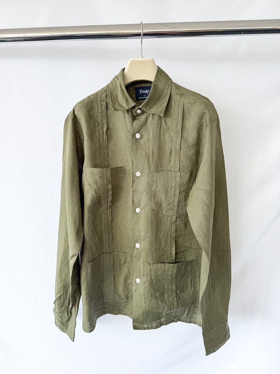 Drake's Olive Green Guayabera Linen Shirt - Imagen 4