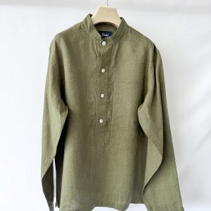 Drake's Map Pocket Linen Popover Shirt Green