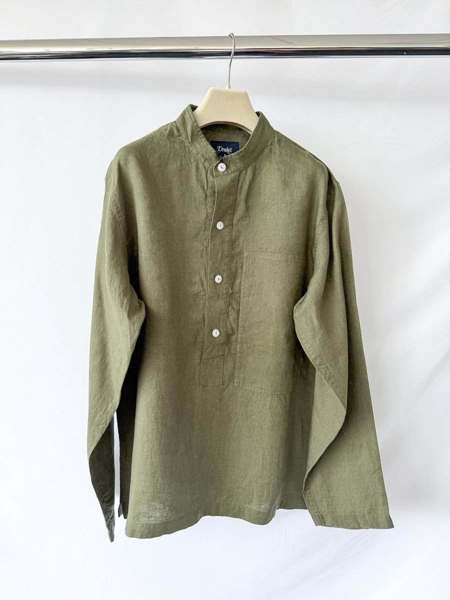 Drake's Map Pocket Linen Popover Shirt Green