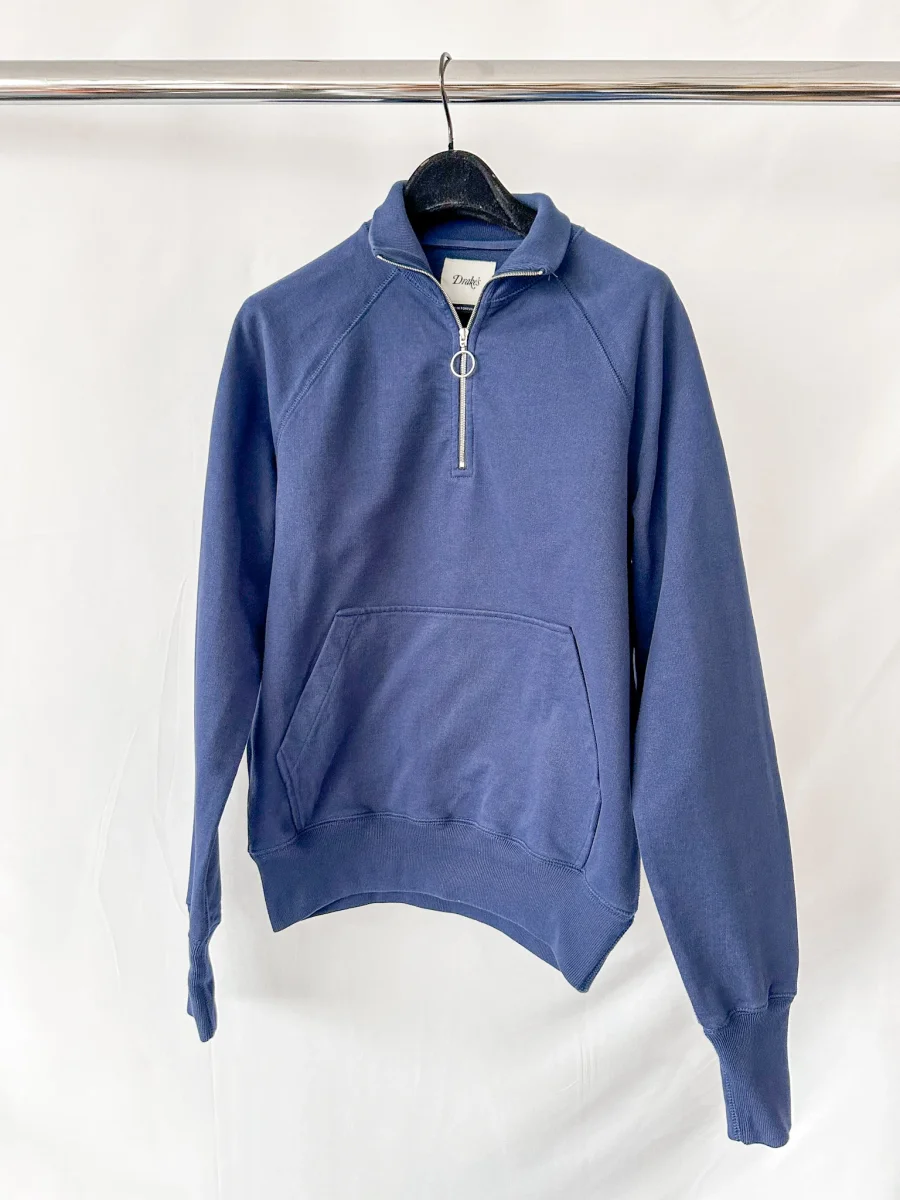 Drake's Navy Zip-Up Neck D Flag Embroidered Cotton Sweatshirt