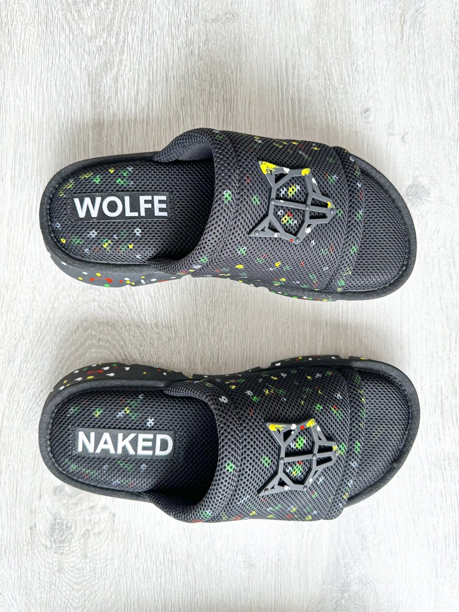 NAKED WOLFE Vegas Black Wolfe Embossed Graffiti Army Mesh Sandals Slide - Imagen 4