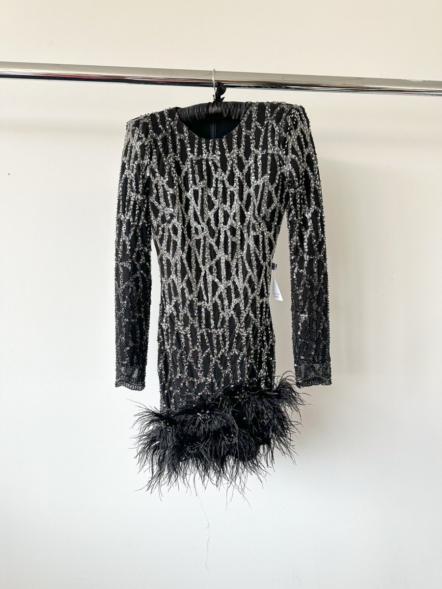 Nadine Merabi Black Lexi Beaded Embellished Feather Hem Mini Dress - Imagen 3