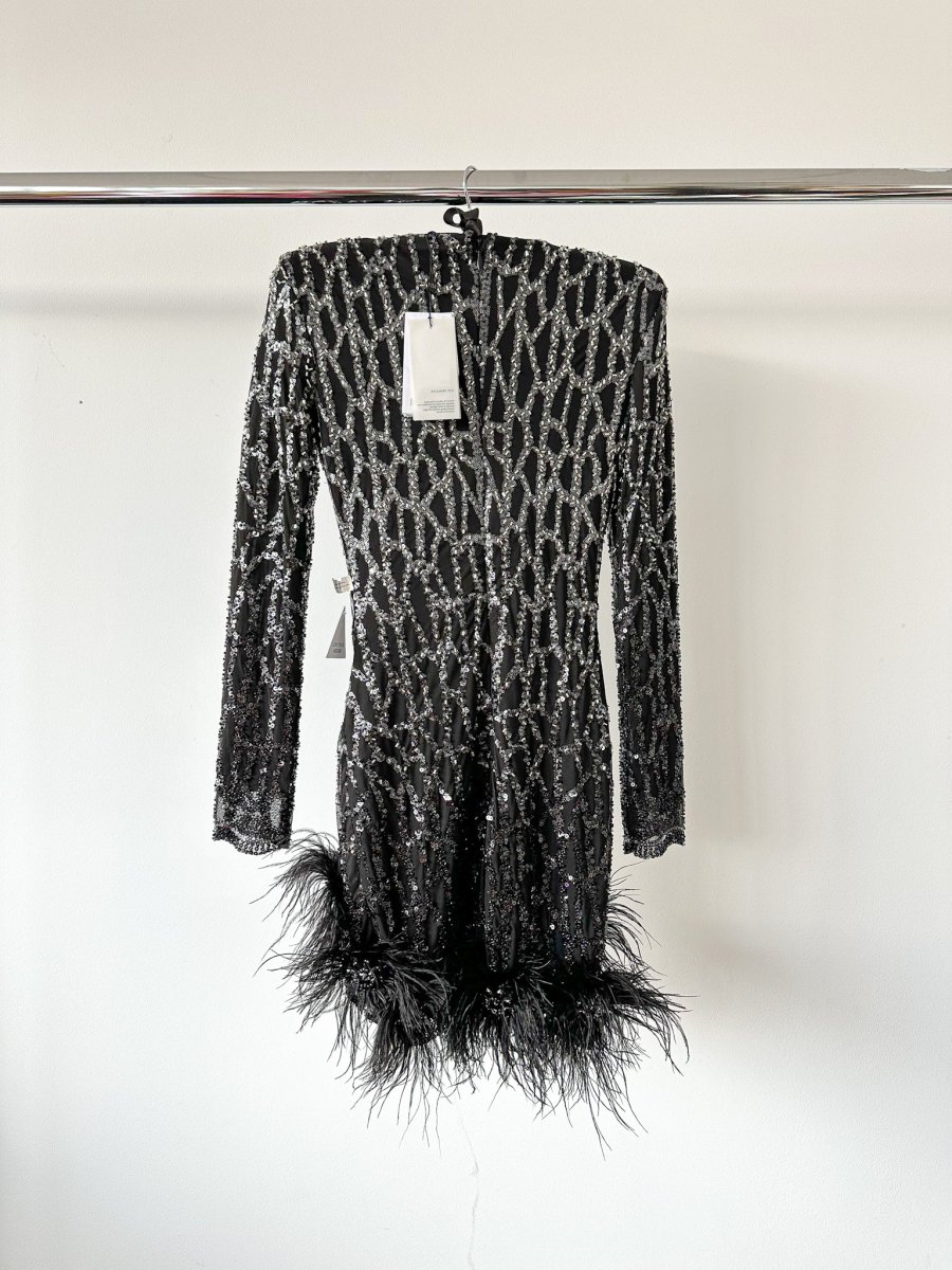 Nadine Merabi Black Lexi Beaded Embellished Feather Hem Mini Dress - Imagen 5