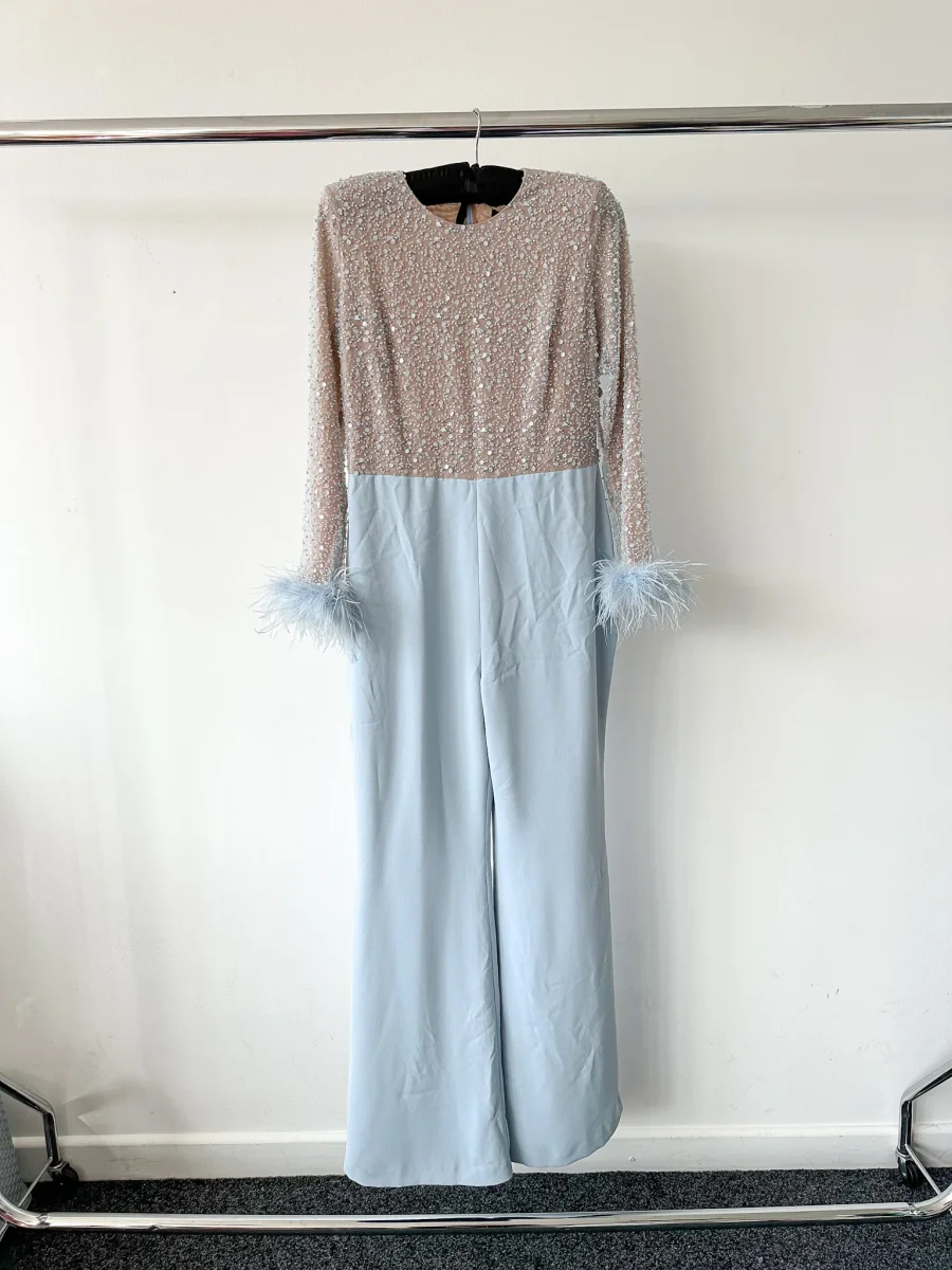 Nadine Merabi Blue Amelia Pearl Sequinned Feather Trim Cuff Jumpsuit - Imagen 3