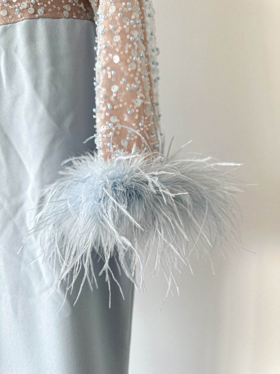 Nadine Merabi Blue Amelia Pearl Sequinned Feather Trim Cuff Jumpsuit - Imagen 9