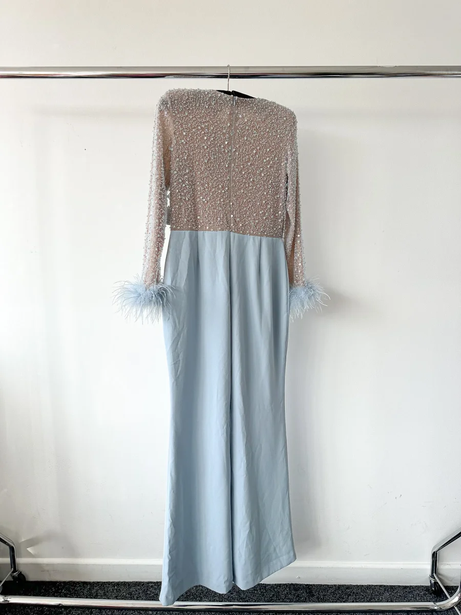 Nadine Merabi Blue Amelia Pearl Sequinned Feather Trim Cuff Jumpsuit - Imagen 5