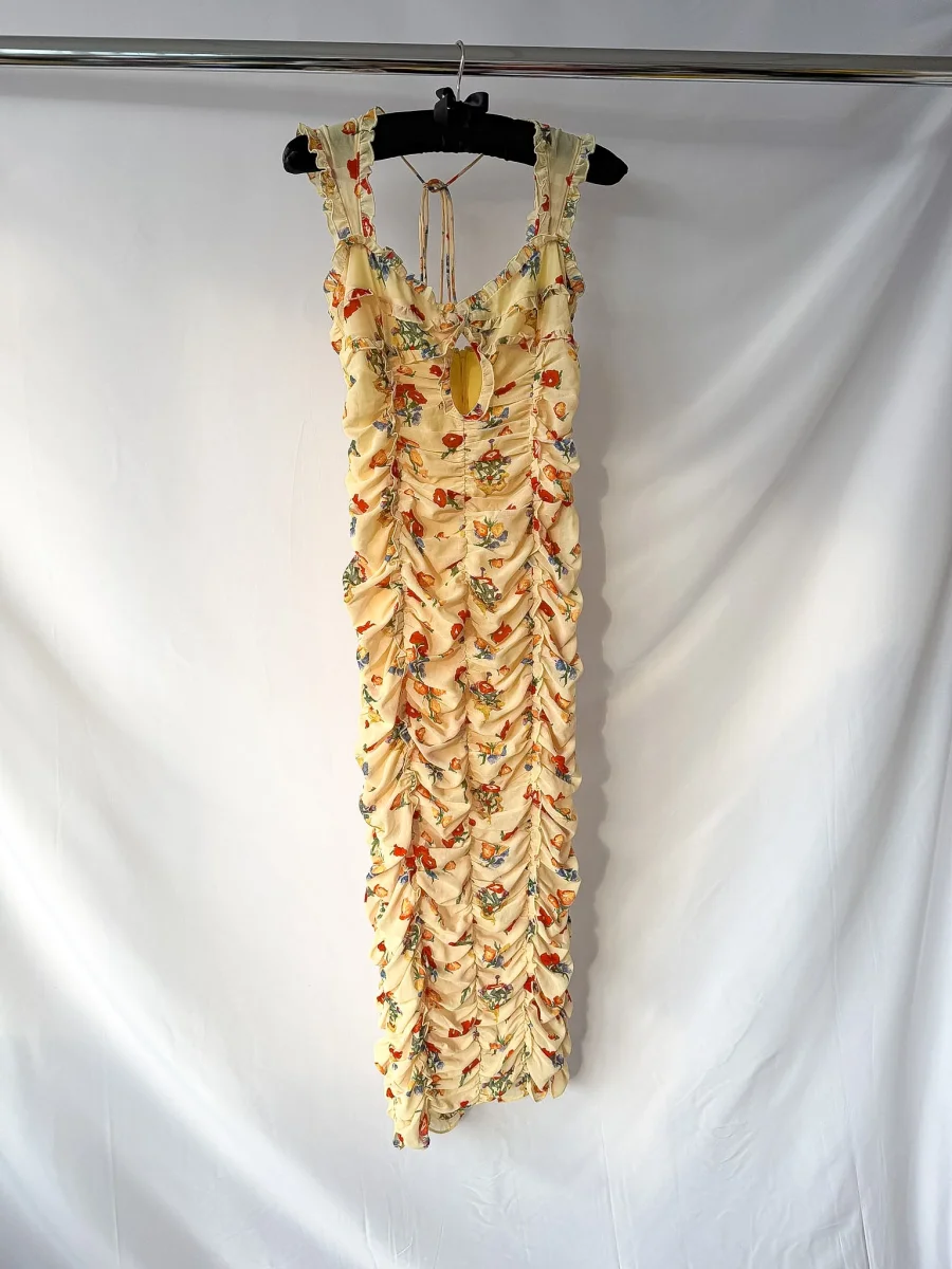 De La Vali Yellow Floral Print Georgette Pampapato Versailles Garden Midi Dress - Imagen 3