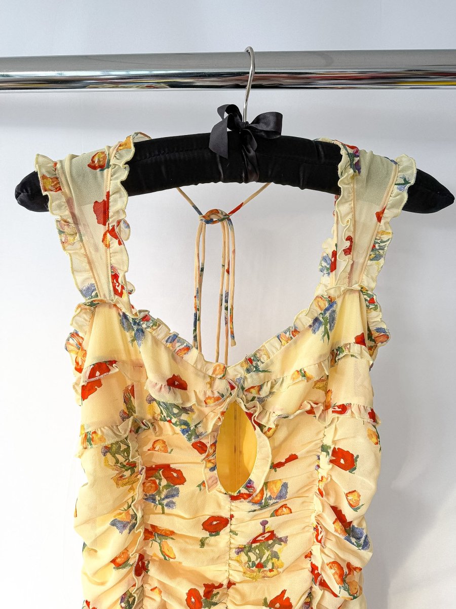 De La Vali Yellow Floral Print Georgette Pampapato Versailles Garden Midi Dress - Imagen 4
