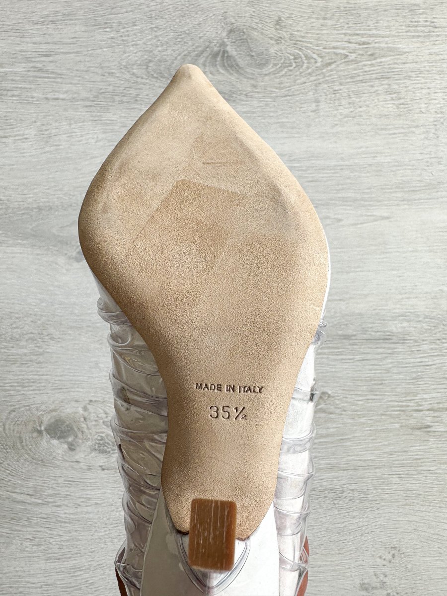 MIDNIGHT 00 Shell Crescent White Leather PVC Ruffle Pumps - Imagen 6