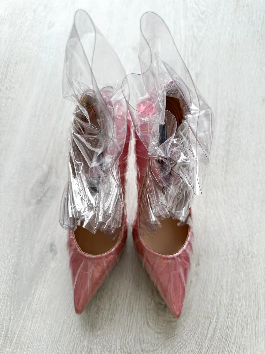 MIDNIGHT 00 Light Pink Ruched PVC Plastic Detail High Heels - Imagen 9