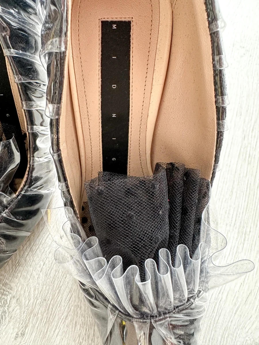 MIDNIGHT 00 Black Polka Dot Lace Detail PVC High Heels - Imagen 7
