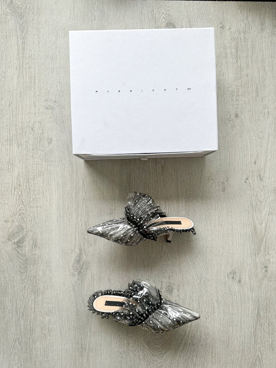 MIDNIGHT 00 Polka Dot Ruffle Lace Detail Frilly Kitten Heels Mules - Imagen 3