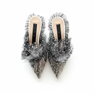 MIDNIGHT 00 Polka Dot Ruffle Lace Detail Frilly Kitten Heels Mules