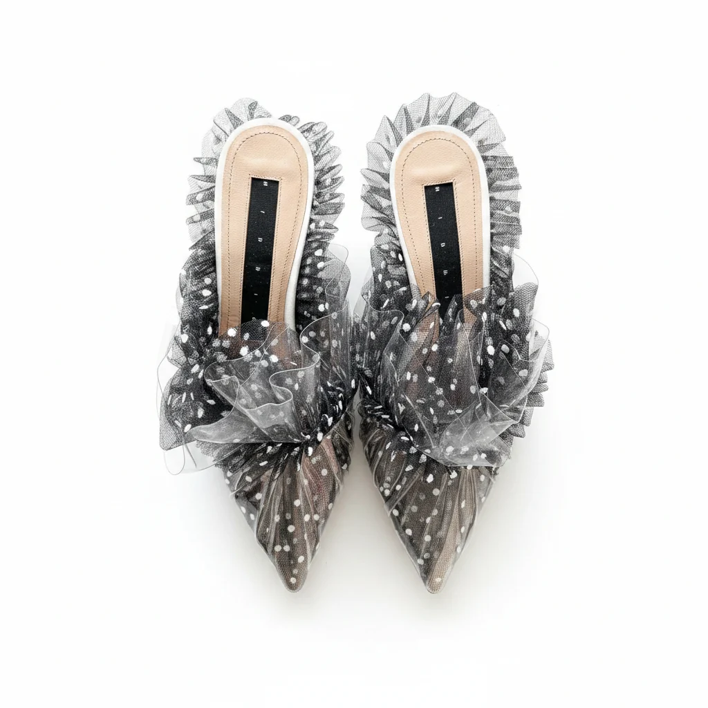 MIDNIGHT 00 Polka Dot Ruffle Lace Detail Frilly Kitten Heels Mules - Imagen 2