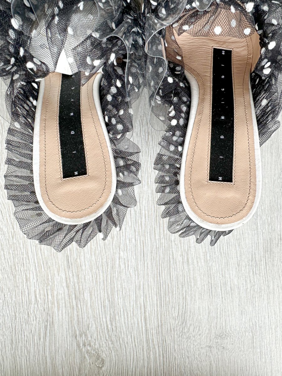 MIDNIGHT 00 Polka Dot Ruffle Lace Detail Frilly Kitten Heels Mules - Imagen 5