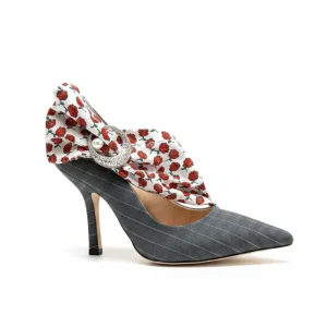 MIDNIGHT 00 Rose Print PVC Bow Pinstripe Crescent Brooch High Heels