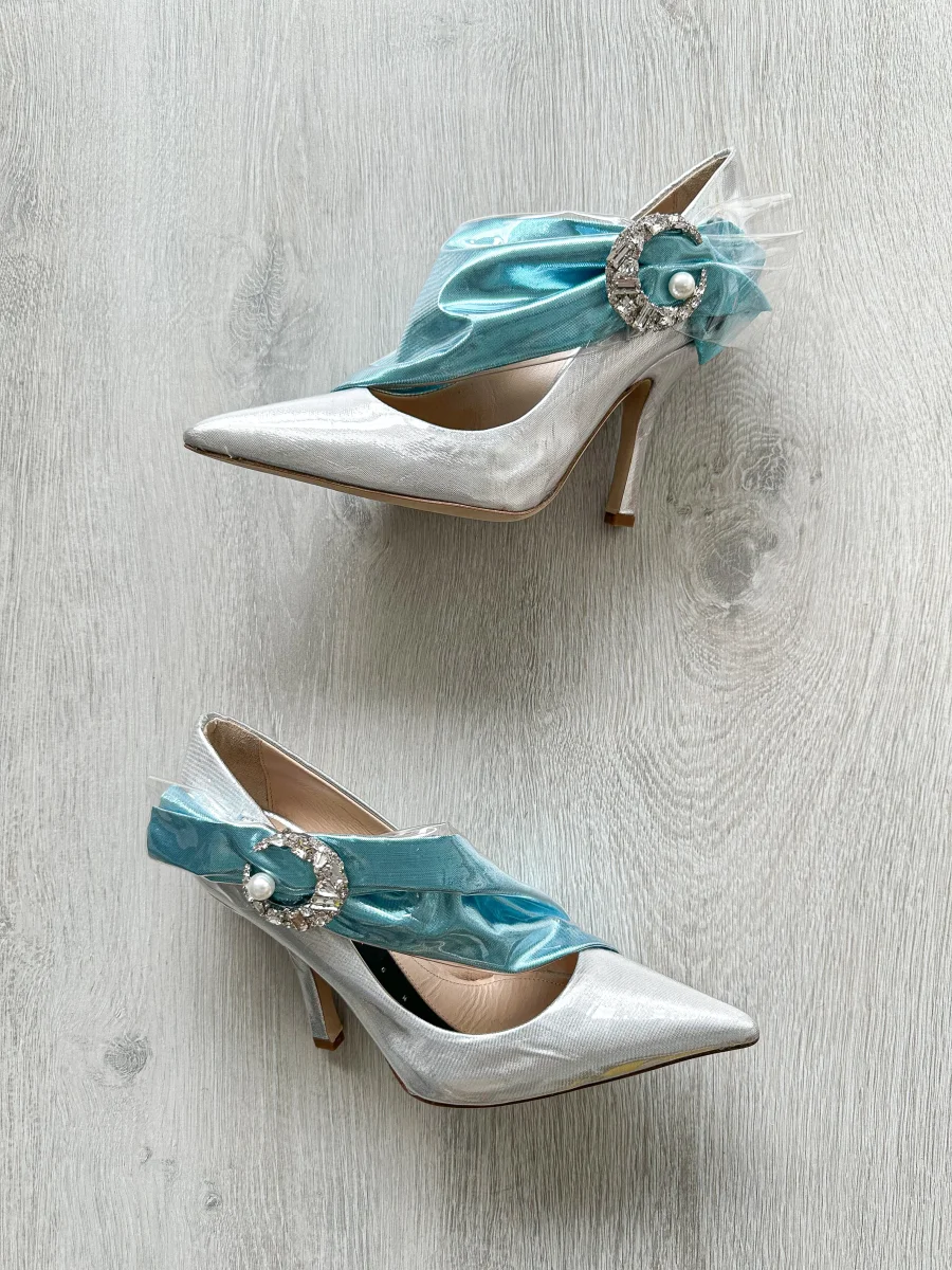 MIDNIGHT 00 Silver Crescent Moon Embellished Blue Drape Princess High Heels - Imagen 4