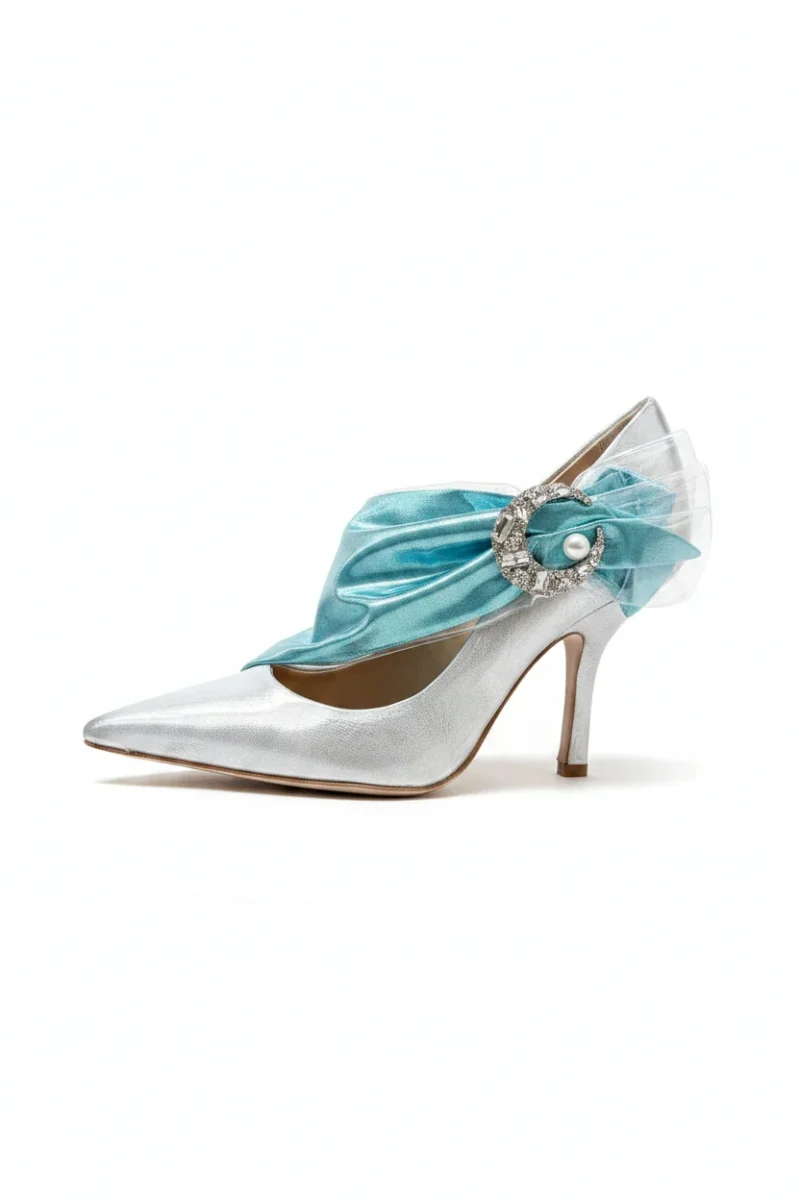 MIDNIGHT 00 Silver Crescent Moon Embellished Blue Drape Princess High Heels