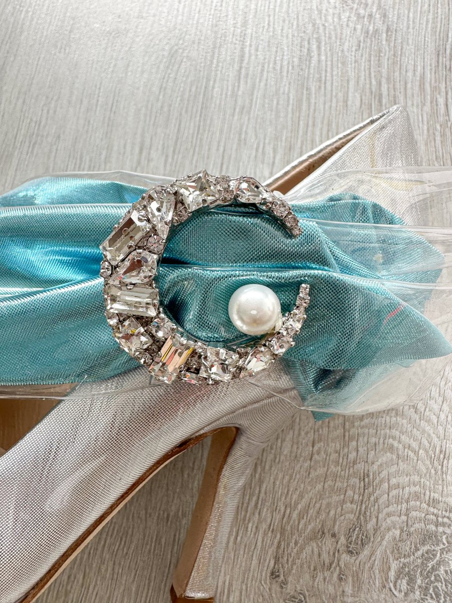 MIDNIGHT 00 Silver Crescent Moon Embellished Blue Drape Princess High Heels - Imagen 5