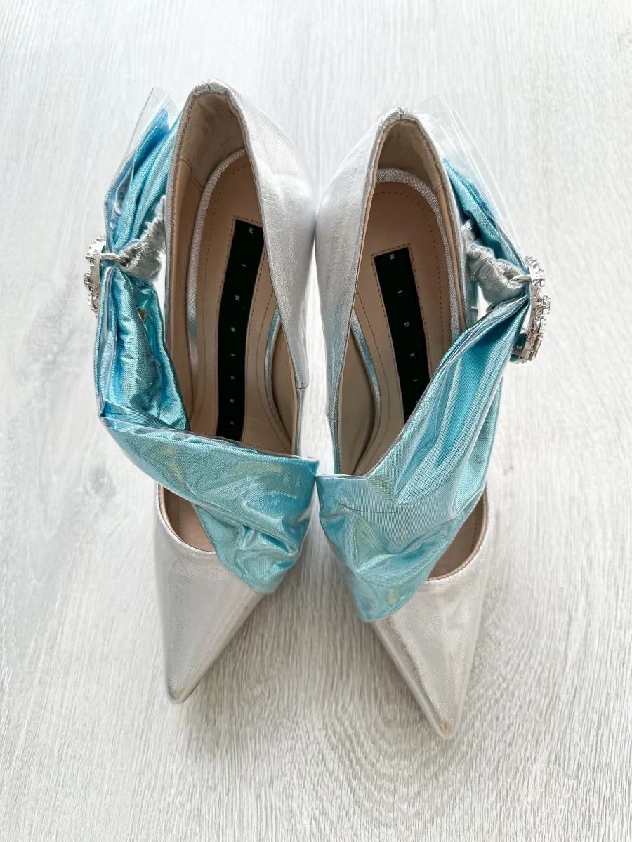 MIDNIGHT 00 Silver Crescent Moon Embellished Blue Drape Princess High Heels - Imagen 6