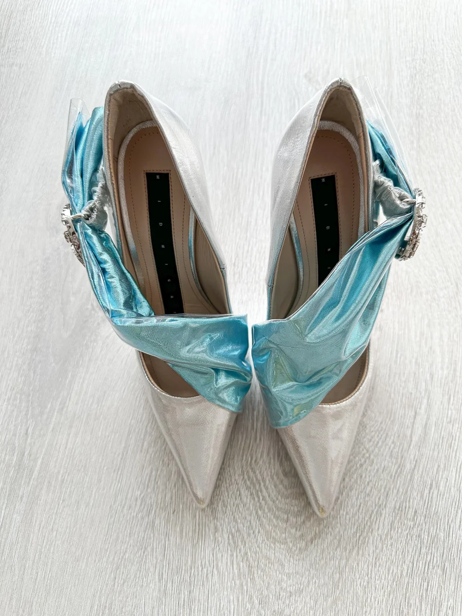 MIDNIGHT 00 Silver Crescent Moon Embellished Blue Drape Princess High Heels - Imagen 7