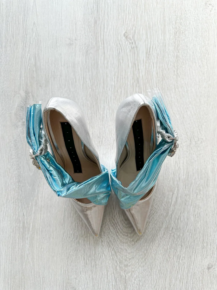 MIDNIGHT 00 Silver Crescent Moon Embellished Blue Drape Princess High Heels - Imagen 8