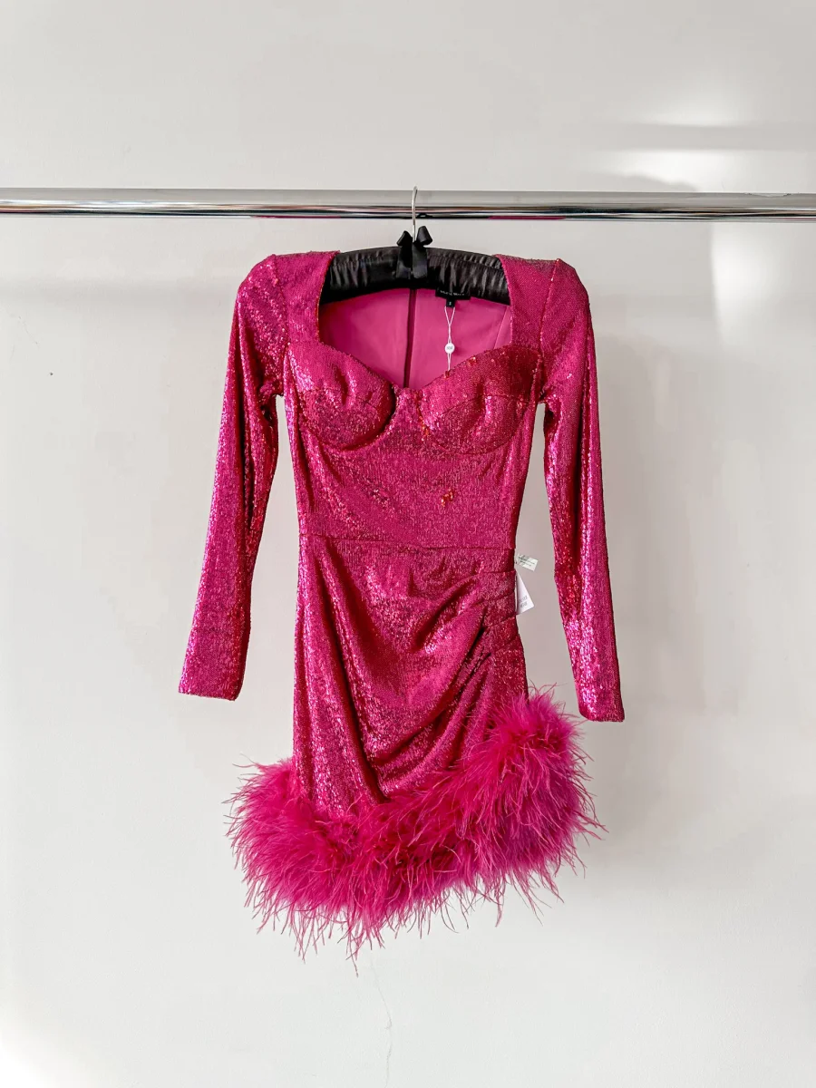 Nadine Merabi Dark Hot Pink Sequinned Feather Hem Sweetheart Neck Mini Dress - Imagen 3