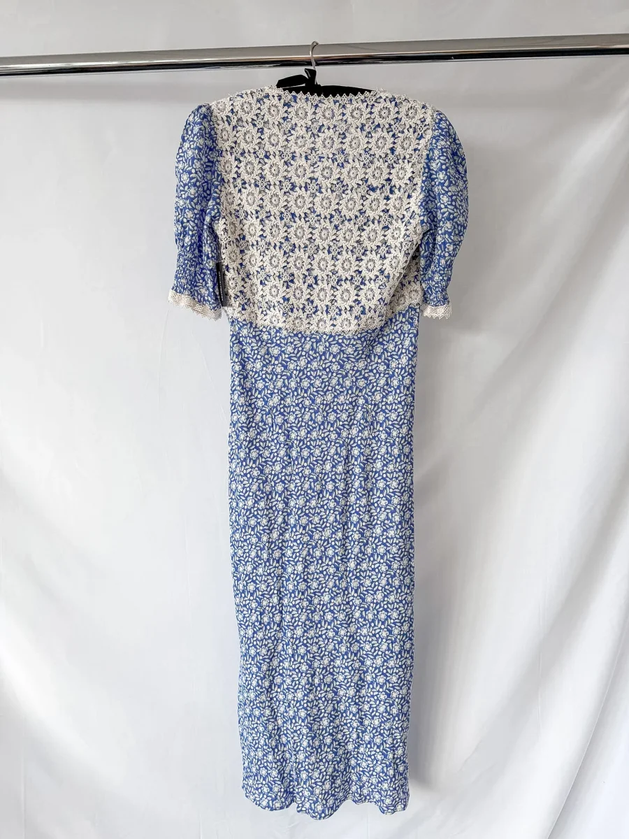 Rixo London Olga Blue Floral Print Crochet Lace Trim Panel Crepe Dress - Imagen 9