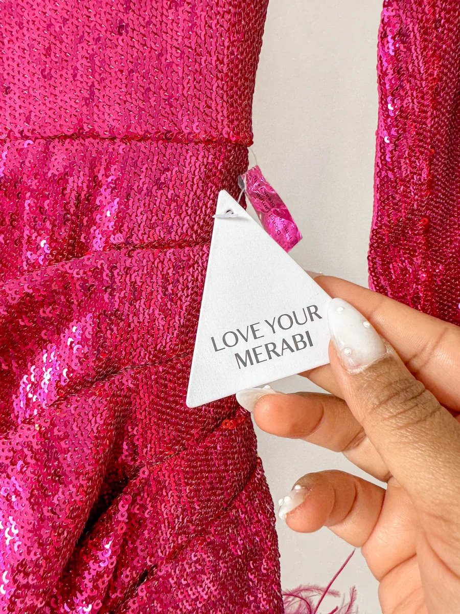 Nadine Merabi Dark Hot Pink Sequinned Feather Hem Sweetheart Neck Mini Dress - Imagen 4