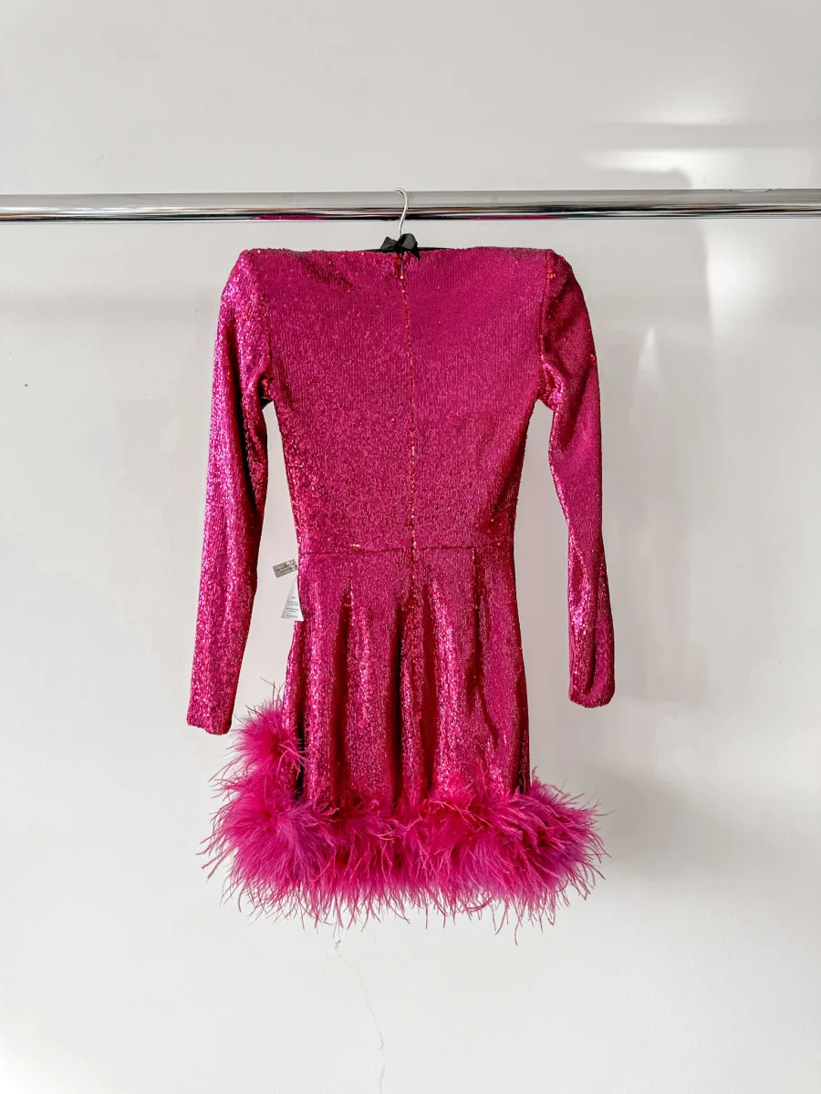 Nadine Merabi Dark Hot Pink Sequinned Feather Hem Sweetheart Neck Mini Dress - Imagen 5