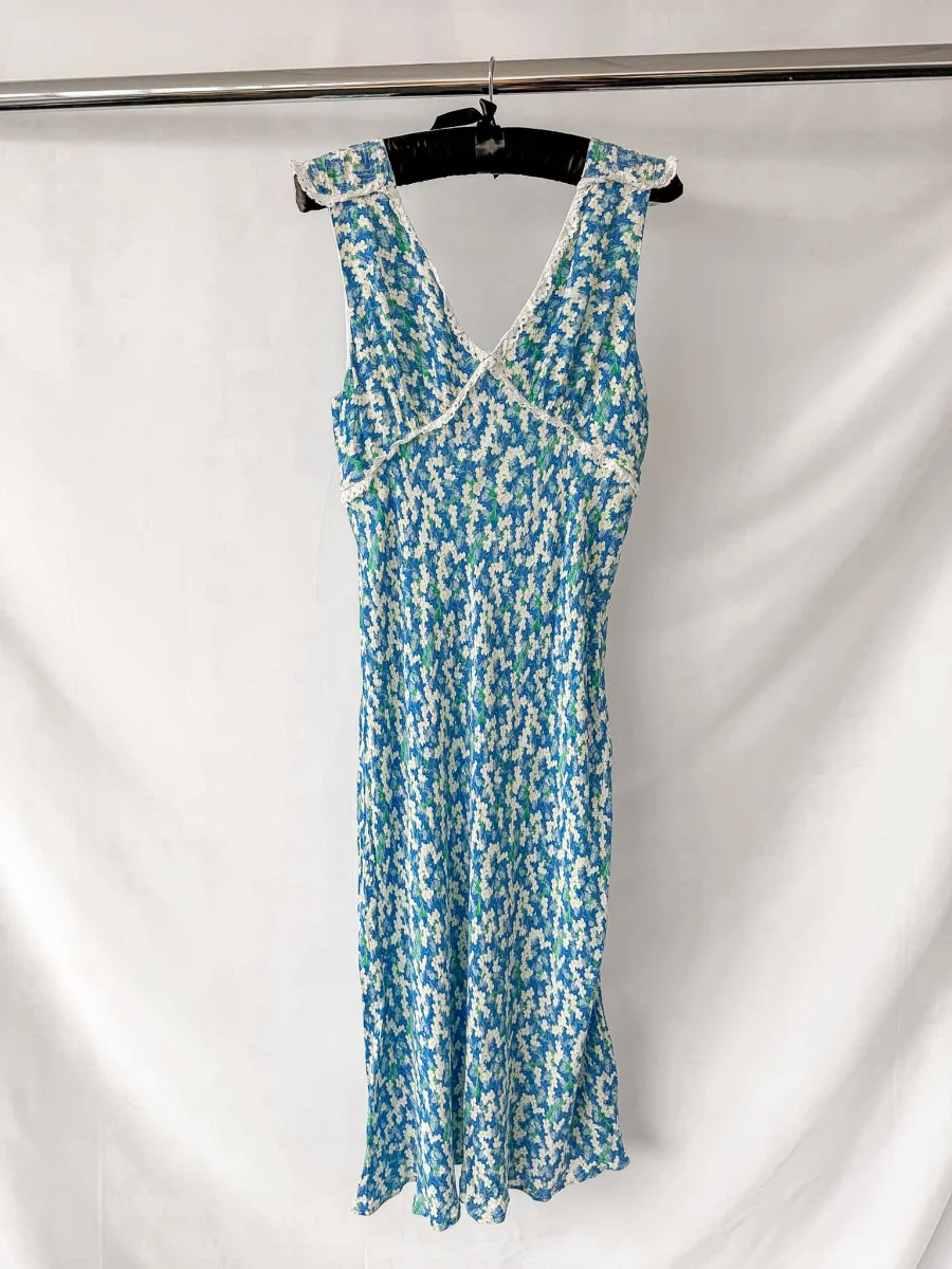 Rixo London Storm Blue Floral Lace Trim Sleeveless Crepe Dress - Imagen 6