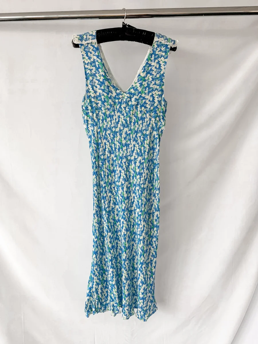 Rixo London Storm Blue Floral Lace Trim Sleeveless Crepe Dress - Imagen 8