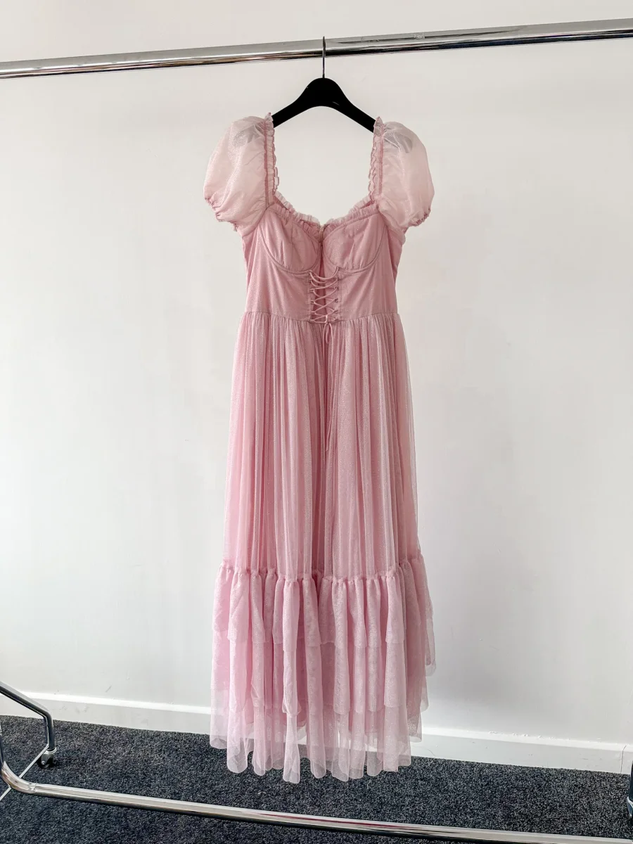 Amy Jane London Pink Tiffany Corset Bodice Sparkly Tulle Puff Sleeve Sweetheart Neck Maxi Gown - Imagen 8
