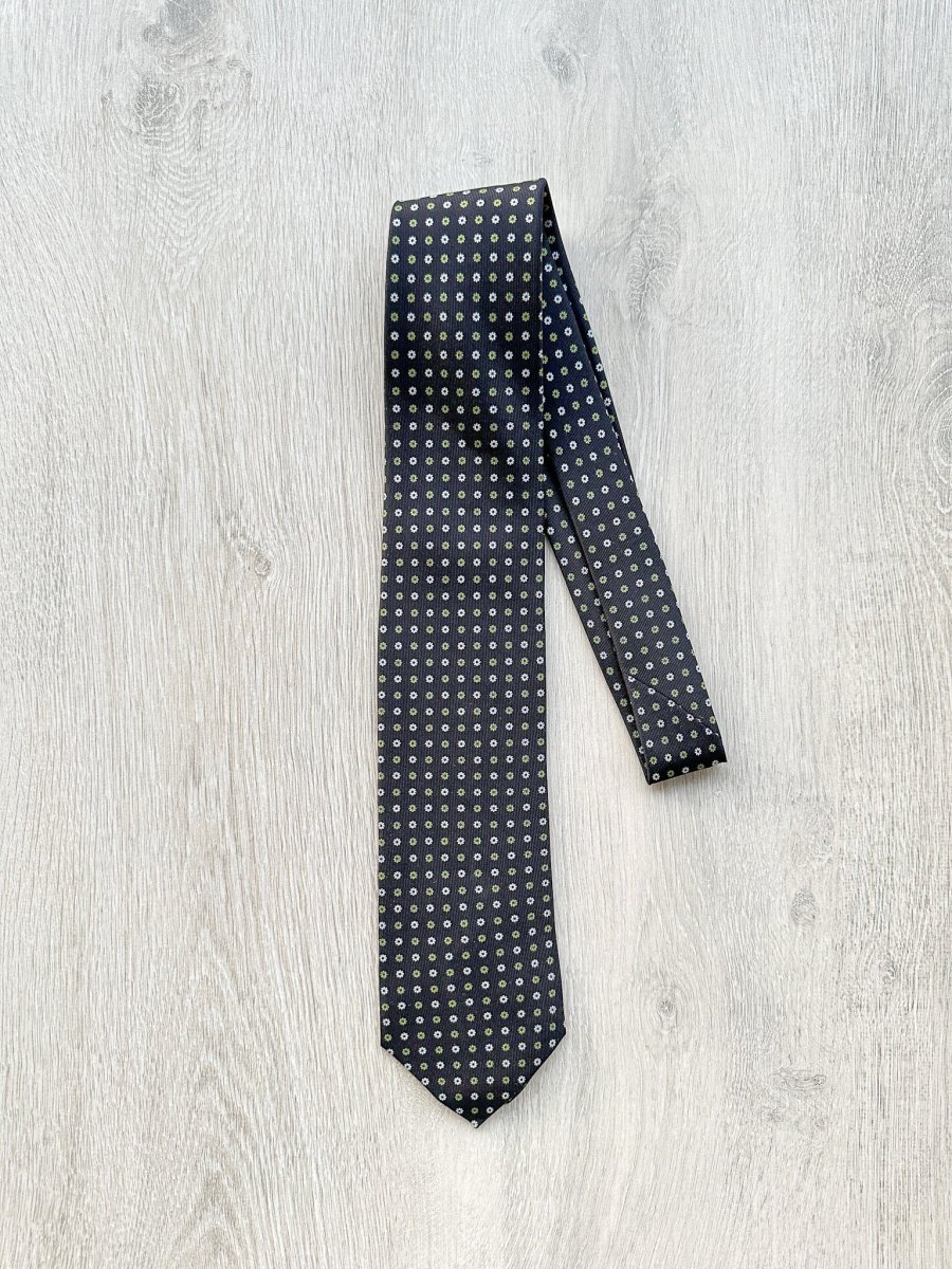 E Marinella Black Silk Tie Green white Floral Print - Imagen 2
