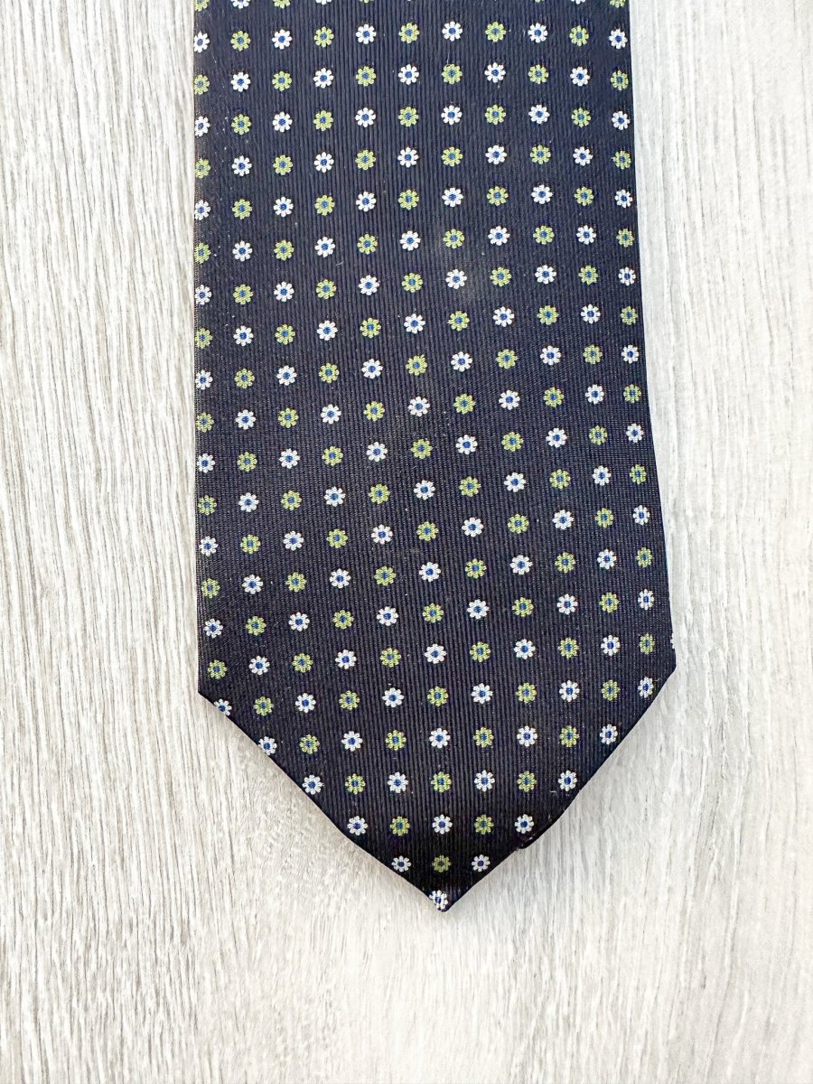 E Marinella Black Silk Tie Green white Floral Print - Imagen 4