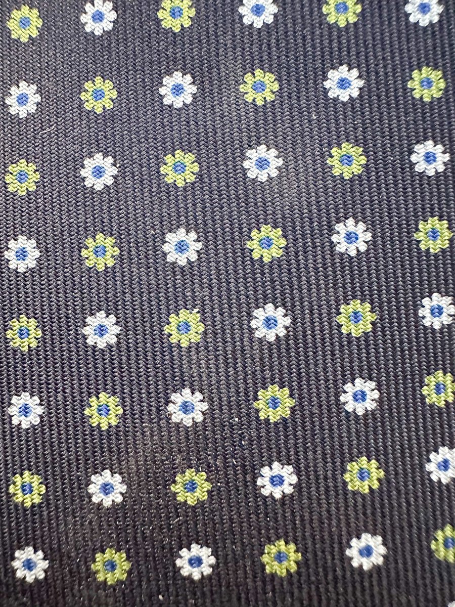 E Marinella Black Silk Tie Green white Floral Print - Imagen 5