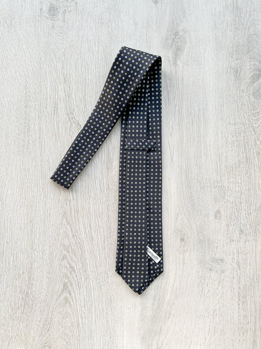 E Marinella Black Silk Tie Green white Floral Print - Imagen 3