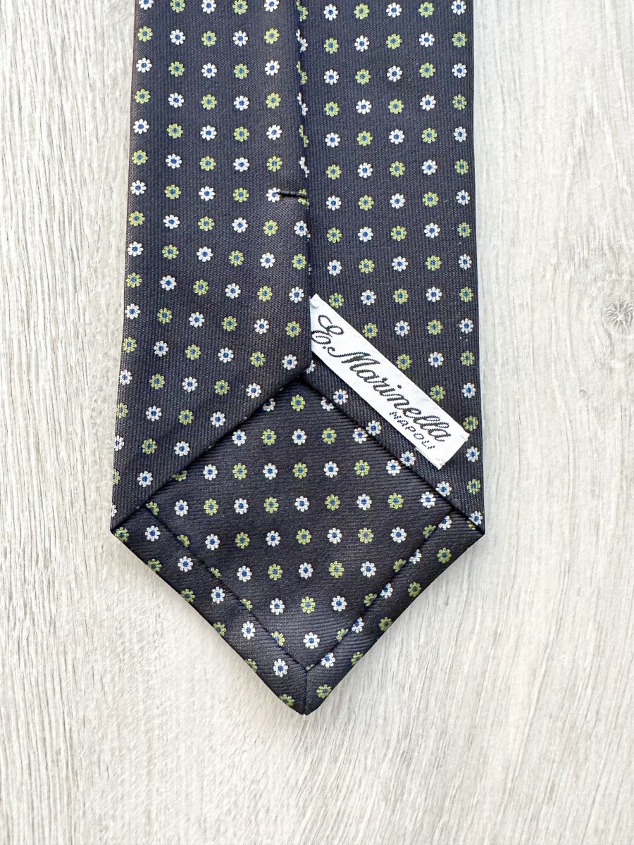 E Marinella Black Silk Tie Green white Floral Print - Imagen 6